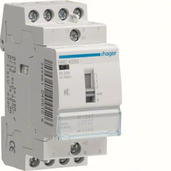   Hager Csendes moduláris kontaktor 25A, kézi kapcsolással, 4 Záró érintkező, 230V AC 50 Hz (Hager ERC425S)