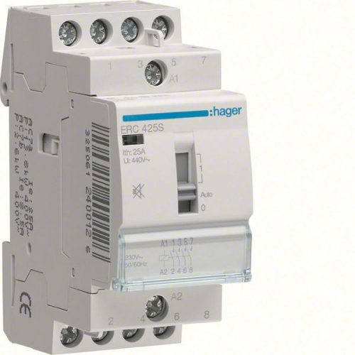 Hager Csendes moduláris kontaktor 25A, kézi kapcsolással, 4 Záró érintkező, 230V AC 50 Hz (Hager ERC425S)