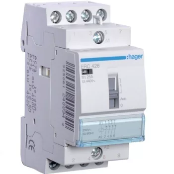   Hager Moduláris kontaktor 25A, kézi kapcsolással, 4 Nyitó érintkező, 230V AC 50 Hz (Hager ERC426)