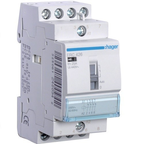 Hager Moduláris kontaktor 25A, kézi kapcsolással, 4 Nyitó érintkező, 230V AC 50 Hz (Hager ERC426)