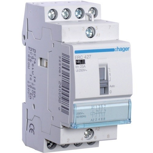 Hager Moduláris kontaktor 25A, kézi kapcsolással, 2 Záró + 2 Nyitó érintkező, 230V AC 50 Hz (Hager ERC427)