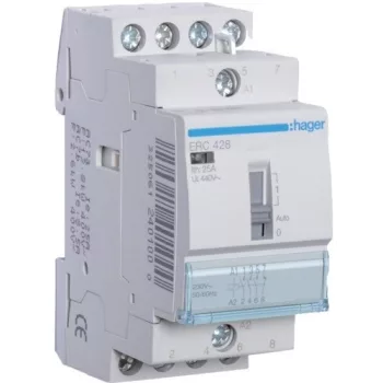   Hager Moduláris kontaktor 25A, kézi kapcsolással, 3 Záró + 1 Nyitó érintkező, 230V AC 50 Hz (Hager ERC428)