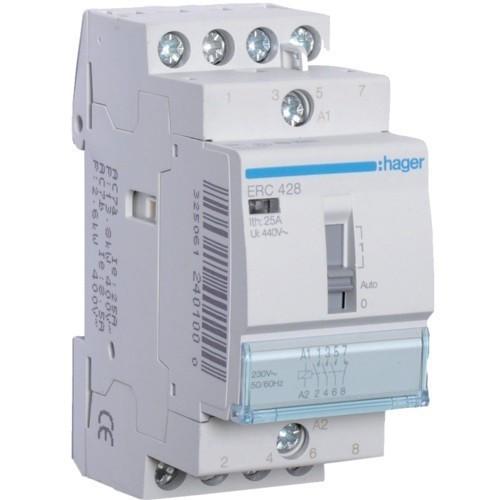 Hager Moduláris kontaktor 25A, kézi kapcsolással, 3 Záró + 1 Nyitó érintkező, 230V AC 50 Hz (Hager ERC428)
