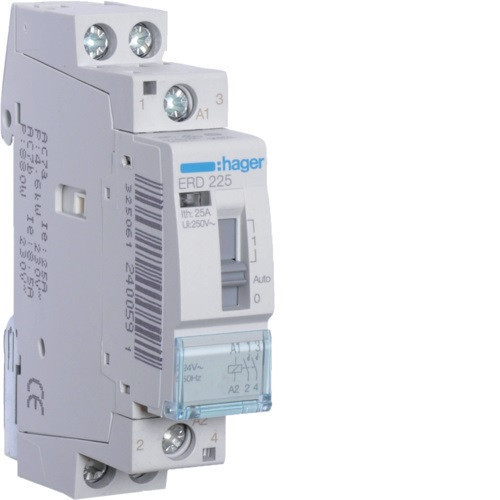 Hager Moduláris kontaktor 25A, kézi kapcsolással, 2 Záró érintkező, 24V AC 50 Hz (Hager ERD225)
