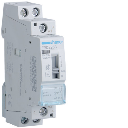 Hager ERD225S Csendes mágneskapcsoló kézi kapcsolással, 2Z, 25A, 24V AC, I-0-II, moduláris Hager ERD225S Csendes mágneskapcsoló kézi kapcsolással, 2Z, 25A, 24V AC, I-0-II, moduláris