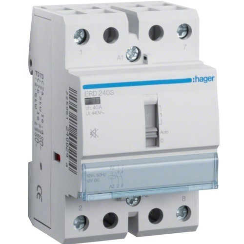 Hager Csendes moduláris kontaktor 40A, kézi kapcsolással, 2 Záró érintkező, 24V AC/DC 50 Hz (Hager ERD240S)