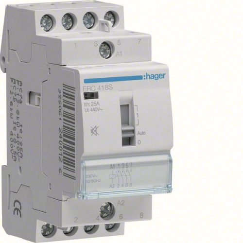Hager Csendes moduláris kontaktor 16A, kézi kapcsolással, 2 Záró + 2 Nyitó érintkező, 24V AC/DC 50 Hz (Hager ERD418S)
