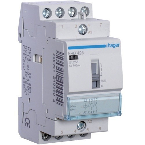 Hager Moduláris kontaktor 25A, kézi kapcsolással, 4 Záró érintkező, 24V AC 50 Hz (Hager ERD425)