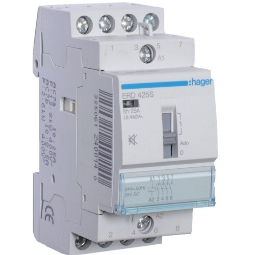 Hager Csendes moduláris kontaktor 25A, kézi kapcsolással, 4 Záró érintkező, 24V AC/DC 50 Hz (Hager ERD425S)