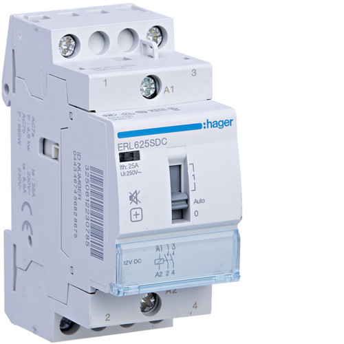 Hager ERD625SDC Csendes mágneskapcsoló, 2Z, 25A, 24V DC, I-0-II, moduláris, növelt kapcs.telj. Hager ERD625SDC Csendes mágneskapcsoló, 2Z, 25A, 24V DC, I-0-II, moduláris, növelt kapcs.telj.