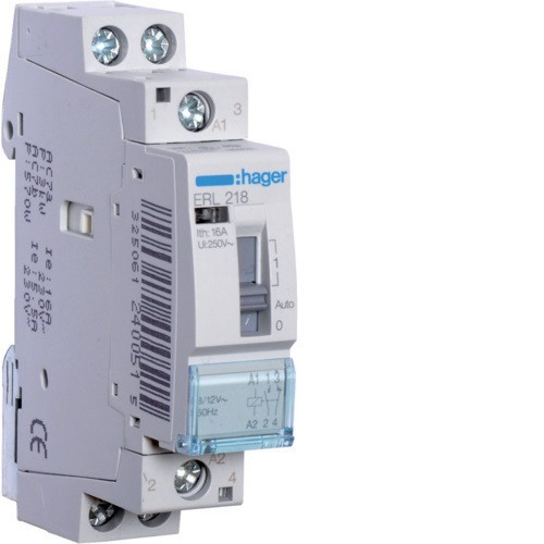 Hager ERL218 Relé, 1Z+1NY, 16A, 8/12V AC, I-0-II, moduláris Hager ERL218 Relé, 1Z+1NY, 16A, 8/12V AC, I-0-II, moduláris