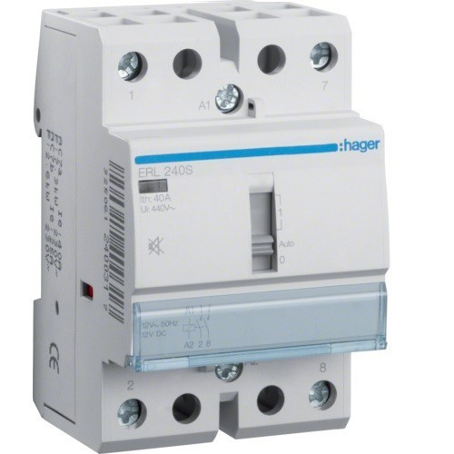 Hager Csendes moduláris kontaktor 40A, kézi kapcsolással, 2 Záró érintkező, 12V AC/DC 50 Hz (Hager ERL240S)