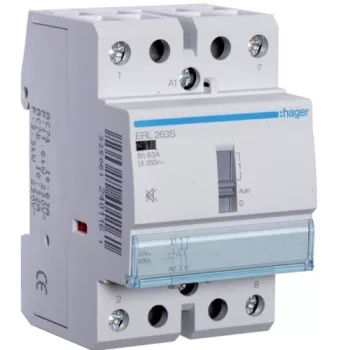   Hager ERL263S, Csendes moduláris kontaktor 63A, kézi kapcsolással, 2 Záró érintkező, 12V AC/DC 50 Hz (Hager ERL263S)