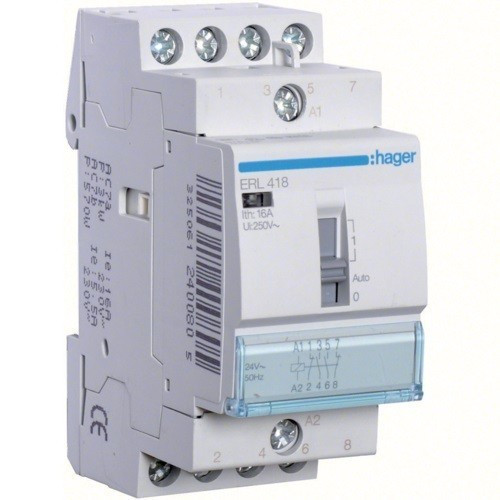 Hager Moduláris kontaktor 16A, kézi kapcsolással, 2 Záró + 2 Nyitó érintkező, 12V AC 50 Hz (Hager ERL418)