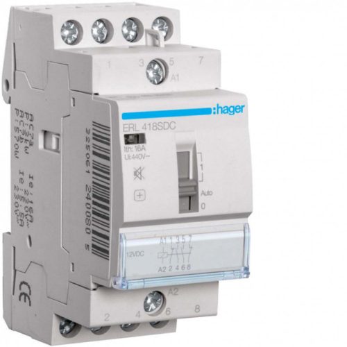 Hager ERL418SDC Mágneskapcsoló kézi kapcsolással 2Z + 2Ny 16A 12V DC 50 Hz, I-0-II, moduláris