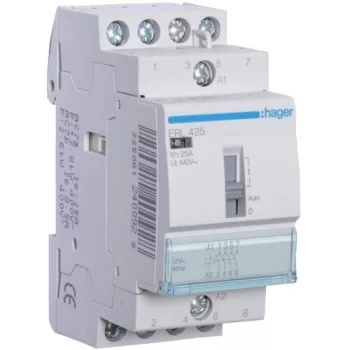   Hager Moduláris kontaktor 25A, kézi kapcsolással, 4 Záró érintkező, 12V AC 50 Hz (Hager ERL425)