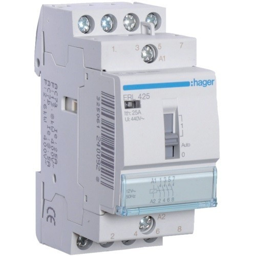 Hager Moduláris kontaktor 25A, kézi kapcsolással, 4 Záró érintkező, 12V AC 50 Hz (Hager ERL425)