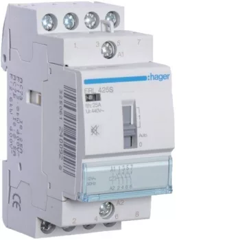   Hager Csendes moduláris kontaktor 25A, kézi kapcsolással, 4 Záró érintkező, 12V AC/DC 50 Hz (Hager ERL425S)