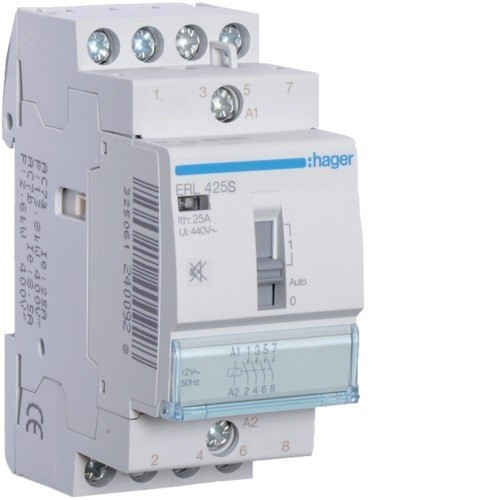 Hager Csendes moduláris kontaktor 25A, kézi kapcsolással, 4 Záró érintkező, 12V AC/DC 50 Hz (Hager ERL425S)