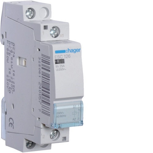 Hager Moduláris kontaktor 25A, 1 Nyitó érintkező, 230V AC 50 Hz (Hager ESC126)