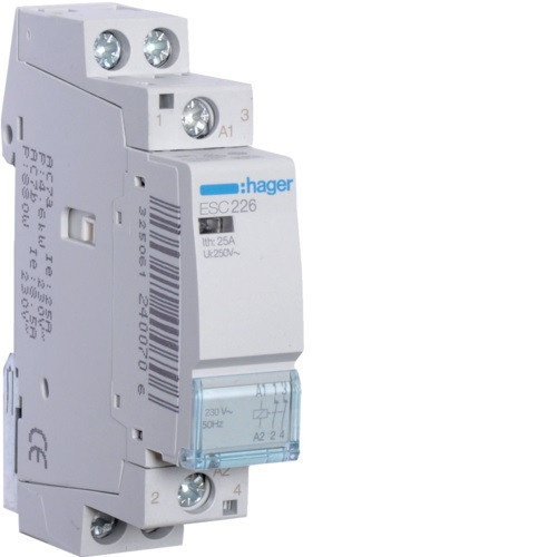 Hager Moduláris kontaktor 25A, 2 Nyitó érintkező, 230V AC 50 Hz (Hager ESC226)