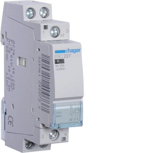 Hager Moduláris kontaktor 25A, 1 Záró + 1 Nyitó érintkező, 230V AC 50 Hz (Hager ESC227)