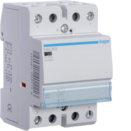 Hager ESC263, Moduláris kontaktor 63A, 2 Záró érintkező, 230V AC 50 Hz (Hager ESC263)