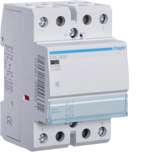 Hager ESC263S, Csendes moduláris kontaktor 63A, 2 Záró érintkező, 230V AC 50 Hz (Hager ESC263S)