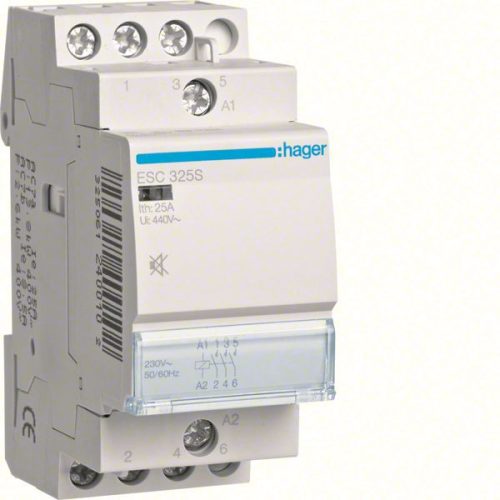 Hager Csendes moduláris kontaktor 25A, 3 Záró érintkező, 230V AC 50 Hz (Hager ESC325S)