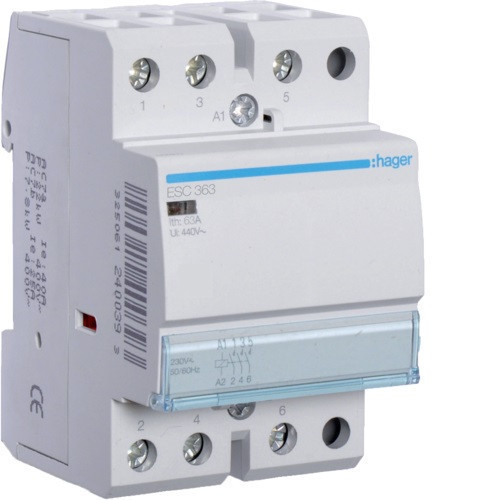 Hager ESC363, Moduláris kontaktor 63A, 3 Záró érintkező, 230V AC 50 Hz (Hager ESC363)