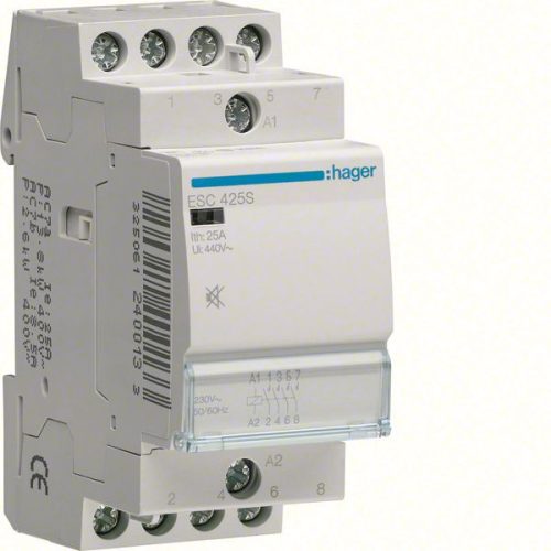 Hager Csendes moduláris kontaktor 25A, 4 Záró érintkező, 230V AC 50 Hz (Hager ESC425S)