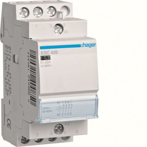 Hager Moduláris kontaktor 25A, 4 Nyitó érintkező, 230V AC 50 Hz (Hager ESC426)