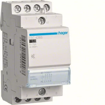   Hager Csendes moduláris kontaktor 25A, 4 Nyitó érintkező, 230V AC 50 Hz (Hager ESC426S)