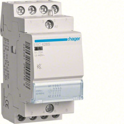 Hager Csendes moduláris kontaktor 25A, 4 Nyitó érintkező, 230V AC 50 Hz (Hager ESC426S)
