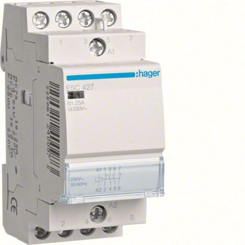 Hager Moduláris kontaktor 25A, 2 Záró + 2 Nyitó érintkező, 230V AC 50 Hz (Hager ESC427)