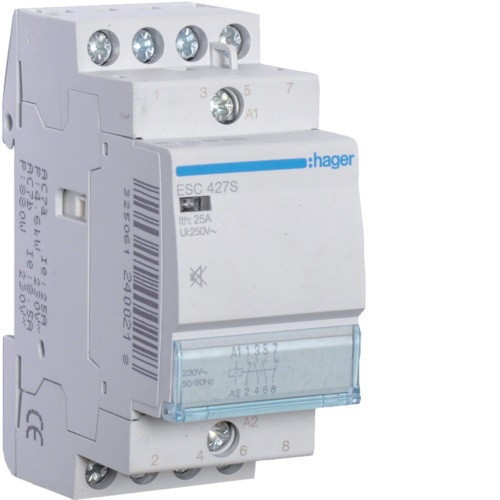 Hager Csendes moduláris kontaktor 25A, 2 Záró + 2 Nyitó érintkező, 230V AC 50 Hz (Hager ESC427S)