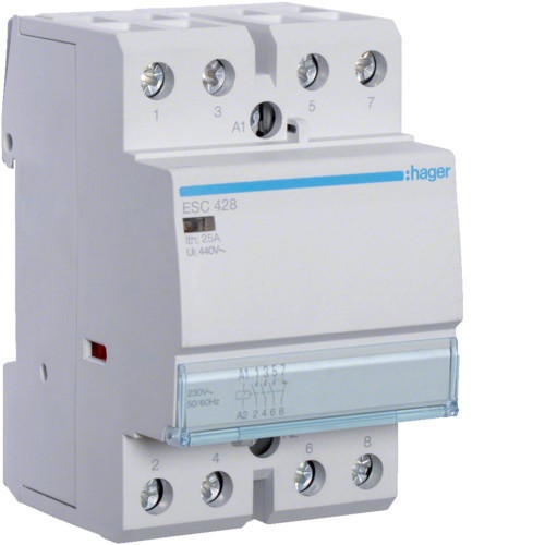 Hager Moduláris kontaktor 25A, 3 Záró + 1 Nyitó érintkező, 230V AC 50 Hz (Hager ESC428)