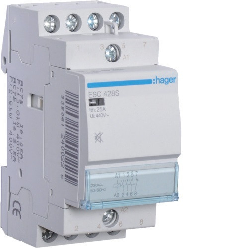 Hager Csendes moduláris kontaktor 25A, 3 Záró + 1 Nyitó érintkező, 230V AC 50 Hz (Hager ESC428S)