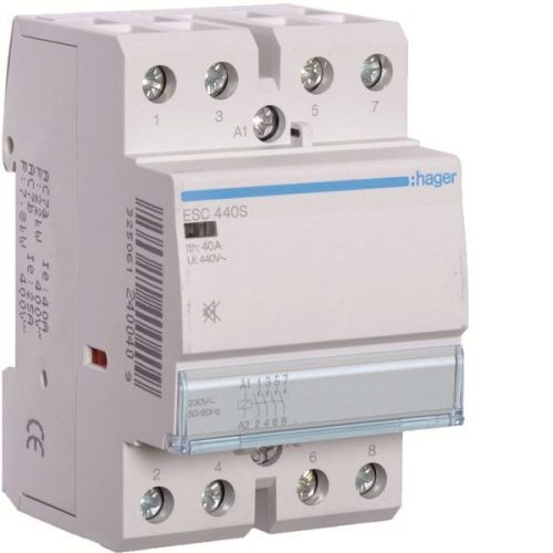 Hager Csendes moduláris kontaktor 40A, 4 Záró érintkező, 230V AC 50 Hz (Hager ESC440S)