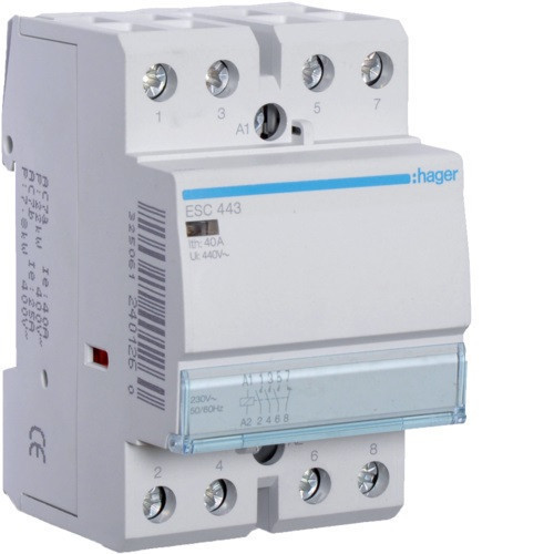 Hager Moduláris kontaktor 40A, 3 Záró + 1 Nyitó érintkező, 230V AC 50 Hz (Hager ESC443)