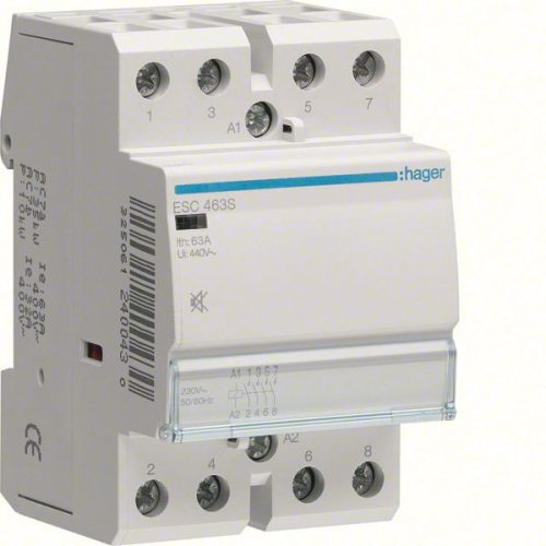 Hager ESC463S, Csendes moduláris kontaktor 63A, 4 Záró érintkező, 230V AC 50 Hz (Hager ESC463S)