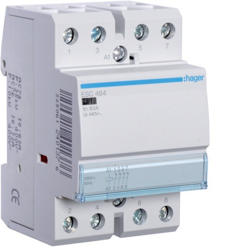 Hager ESC464, Moduláris kontaktor 63A, 4 Nyitó érintkező, 230V AC 50 Hz (Hager ESC464)