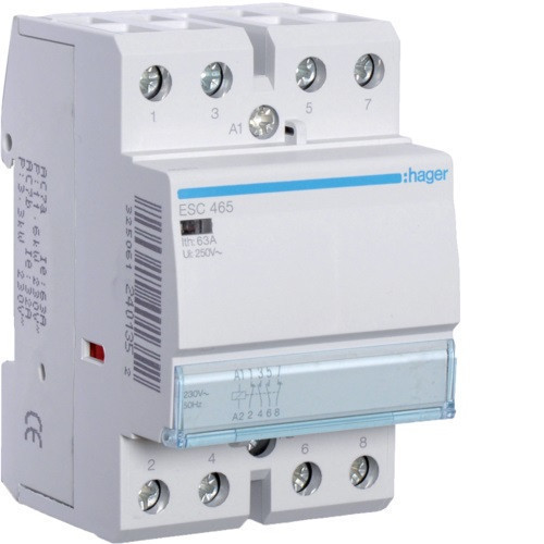 Hager ESC465, Moduláris kontaktor 63A, 2 Záró + 2 Nyitó érintkező, 230V AC 50 Hz (Hager ESC465)