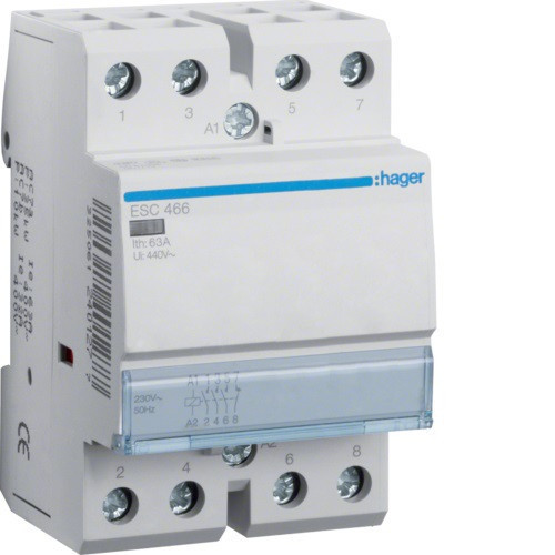 Hager ESC466, Moduláris kontaktor 63A, 3 Záró + 1 Nyitó érintkező, 230V AC 50 Hz (Hager ESC466)