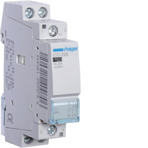 Hager Moduláris kontaktor 25A, 2 Nyitó érintkező, 24V AC 50 Hz (Hager ESD226)