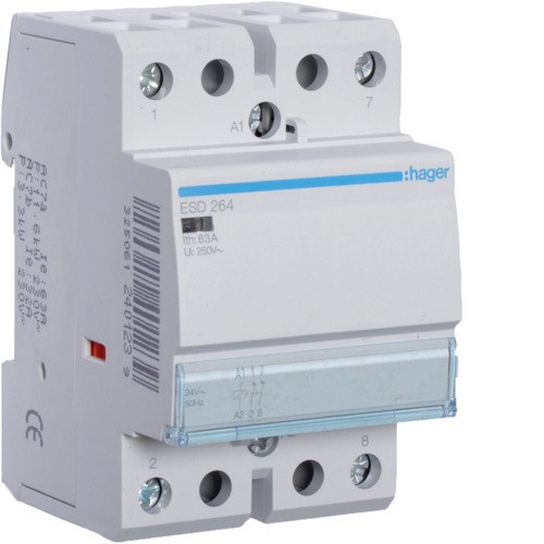 Hager ESD264, Moduláris kontaktor 63A, 2 Nyitó érintkező, 24V AC 50 Hz (Hager ESD264)