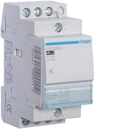 Hager Csendes moduláris kontaktor 25A, 3 Záró érintkező, 24V AC/DC 50 Hz (Hager ESD325S)