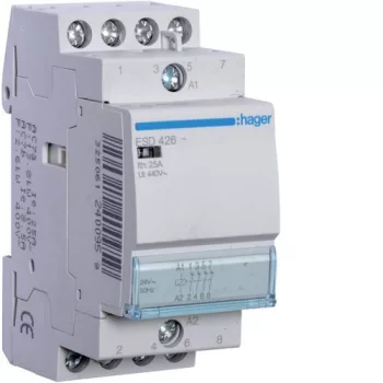   Hager Moduláris kontaktor 25A, 4 Nyitó érintkező, 24V AC 50 Hz (Hager ESD426)