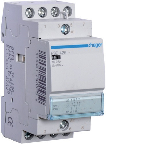 Hager Moduláris kontaktor 25A, 4 Nyitó érintkező, 24V AC 50 Hz (Hager ESD426)