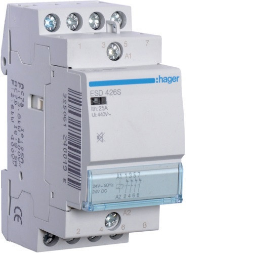 Hager Csendes moduláris kontaktor 25A, 4 Nyitó érintkező, 24V AC/DC 50 Hz (Hager ESD426S)